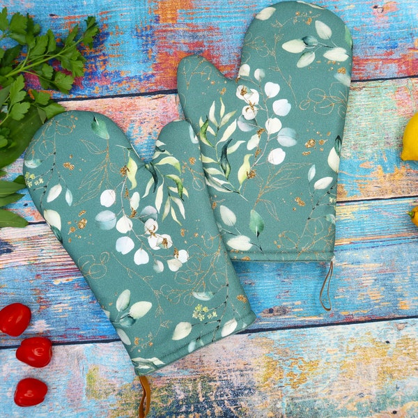 Oven gloves set of 2, baking gloves, oven glove, kitchen helper, grill glove, pot holder, eucalyptus, Mother's Day gift, Mother's Day gift