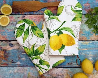 Topfhandschuhe 2er Set mit sommerlichen Zitronen-Motiven,Backhandschuhe,Mediterran,Ofenhandschuhe Zitronen,Amalfi-Style,Weihnachtsgeschenke