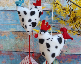 Cute fabric chickens, fabric chicken, chickens, chicken decoration, window decoration, hanging rooster, hen, Easter gift, Easter decoration, Easter nest, spring decoration