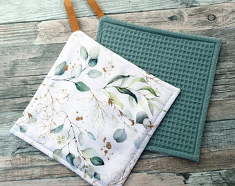 Set of 2 potholders, modern, kitchen, cooking, baking, grilling, potholders/trivets, eucalyptus, green potholders, sewn potholders, kitchen helper