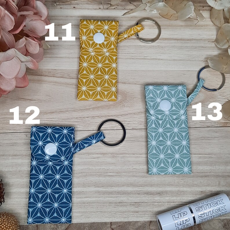 May include: Three fabric lip balm holders with key rings. One is mustard yellow, one is navy blue, and one is teal. Each has a white geometric pattern and a white snap closure. The holders are approximately 10 cm long.