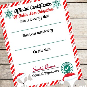 Certificado de adopción de Elf Friend Fox imprimible - Accesorio de elfo de Navidad imprimible, tradición navideña de bricolaje para niños, elfo imprimible para niños