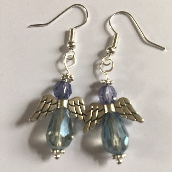 Pretty angel dangle earrings with crystal drop beads. Antique Silver wings and halo! Choice of Crystal/ Teal/ Smoky blue.