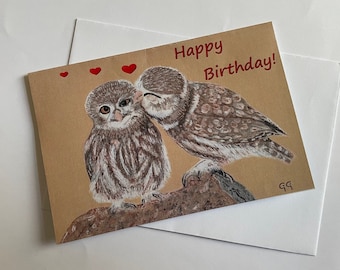Printable Birthday Card - Owl Kiss with Hearts - From an Original Painting by GiGi - 2 sizes - Instant Download. Love/ Partner/ Family/