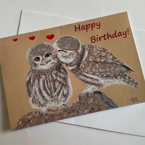 Printable Birthday Card - Owl Kiss with Hearts - From an Original Painting by GiGi - 2 sizes - Instant Download. Love/ Partner/ Family/