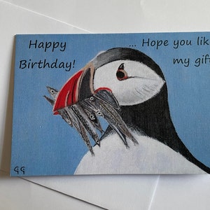 Druckbare Geburtstagskarte - Papageitaucher mit Geschenk! Aus einem Original Gemälde von GiGi - 2 Größen - Sofort Download. Bunt/ Lustig/ Niedlich/ Clever