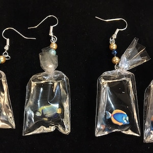 Goldfish/Tropical Fish in a Bag earrings! 2 NEW STYLES of Tropical Fish + Black Goldfish. Quirky and fun dangle earrings! Cute!