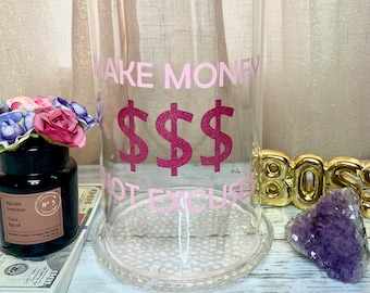 Make Money not  Excuses Clear Money Jar for Cash and Coins – Clear Piggy Bank - Gift Ideas. Money Saving.