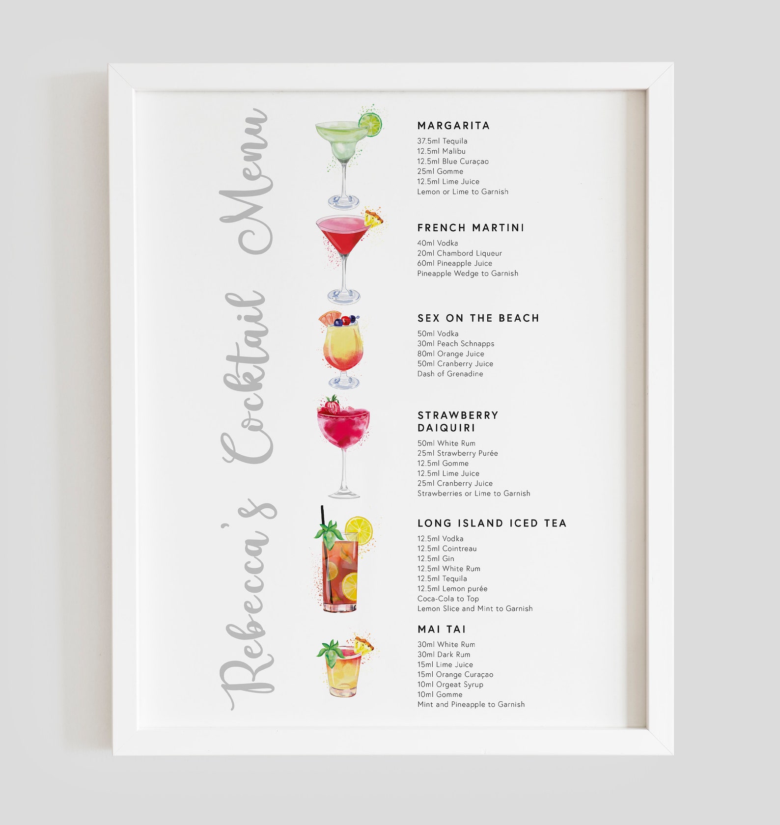 Personalised Watercolour Cocktail Menus A3 Etsy UK