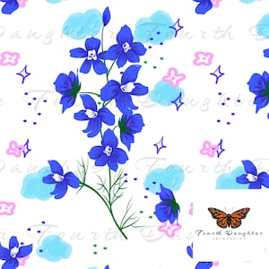 Blauer Rittersporn Doodle Teen Musterdesign, Oberflächengestaltung, persönliche Nutzung, begrenzte kommerzielle Lizenz, handgezeichnet, keine AI