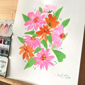Bouquet rosa neon e arancione - Uno della serie n. 5 - Dipinto originale - Arte creata dall'uomo - Non una stampa - Tecnica mista 9x12