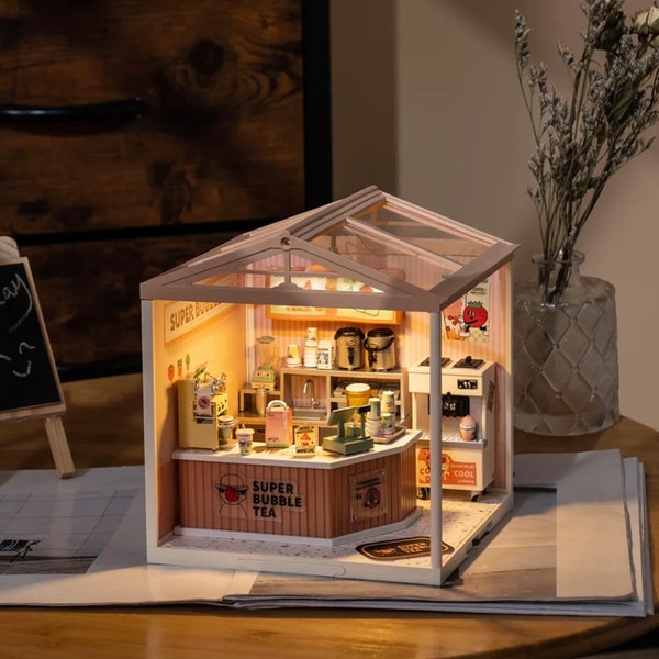 Rolife Super Creator Double Joy Bubble Tea Kit de maison en plastique DIY Kit de maison miniature, cadeau pour elle, cadeau d'anniversaire, cadeau de Noël