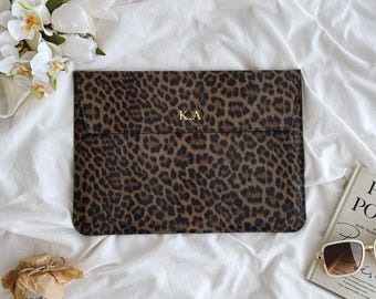 Leopard Muse Personalisierte Leder Laptoptasche, Laptoptasche für 13 14 15 16 Zoll, MacBook Air & Pro Sleeve, Geschenke für ihre Mutter