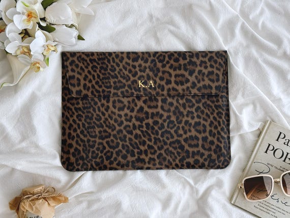 Leopard Muse Personalized Leather Laptop Sleeve, Laptop Case for 13 14 15 16 inch, MacBook Air & Pro Sleeve, Gifts for Her Mom