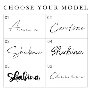 May include: A grid of six squares with numbers 01 through 06. Each square contains a handwritten name: Arron, Caroline, Shabina, Shabina, Shabina, and Christen. The text "CHOOSE YOUR MODEL" is at the top of the image.