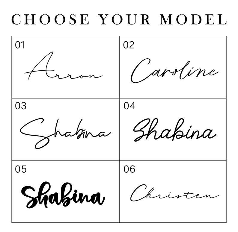 May include: A grid of six squares with numbers 01 through 06. Each square contains a handwritten name: Arron, Caroline, Shabina, Shabina, Shabina, and Christen. The text "CHOOSE YOUR MODEL" is at the top of the image.