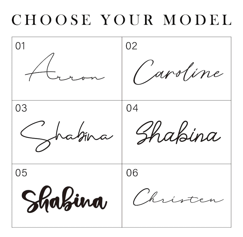 May include: A white background with six black squares. Each square has a number and a name written in cursive. The names are Arron, Caroline, Shabina, Shabina, Shabina, and Christen.
