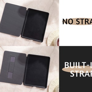May include: Two gray e-reader cases, one with a built-in strap and one without. The case with the strap has a gray fabric strap on the inside of the cover. The case without the strap has a black interior.