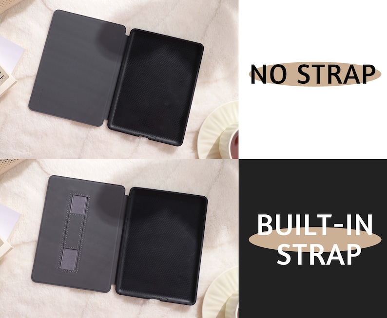 May include: Two gray e-reader cases, one with a built-in strap and one without. The case with the strap has a gray fabric strap on the inside of the cover. The case without the strap has a black interior.