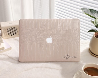 Almond Latte Crocodile Texture Macbook Case: Personalized Protective Leather Cover