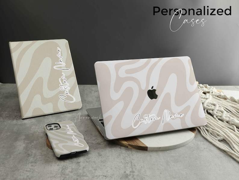 Beige Abstract Line Art New Pro Mac Hard Protective Case Personalized Name For MacBook Air 11/13 Pro13/14/15/16 2008-2021 12 Inch image 2