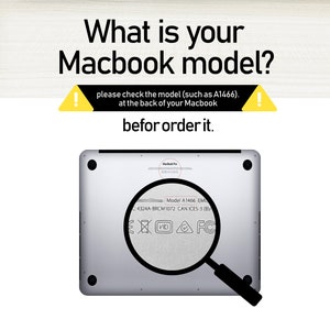 May include: Close-up of the back of a silver Macbook Pro laptop with a magnifying glass highlighting the model number, "Model A1466 EMO", and other regulatory markings.