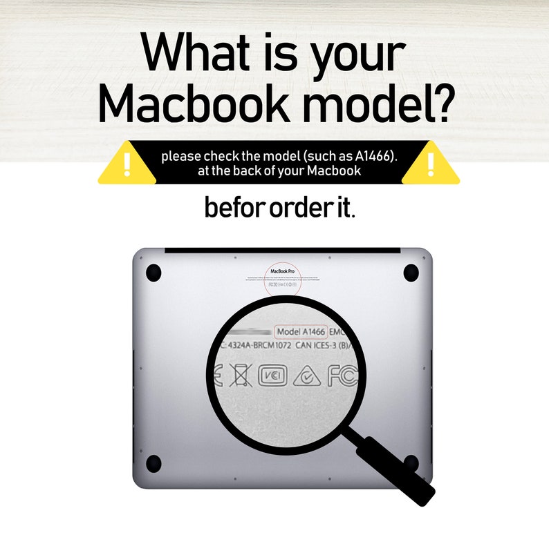 May include: Close-up of the back of a silver Macbook Pro laptop with a magnifying glass highlighting the model number, "Model A1466 EMO", and other regulatory markings.