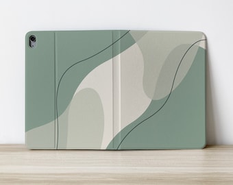 Étui pour iPad Air 4, iPad Pro 2020, nom personnalisé avec lignes géométriques vertes, nom à rabat, initiales personnalisées, 10,2 pouces 12,9 Pro 11 10,9 10,5
