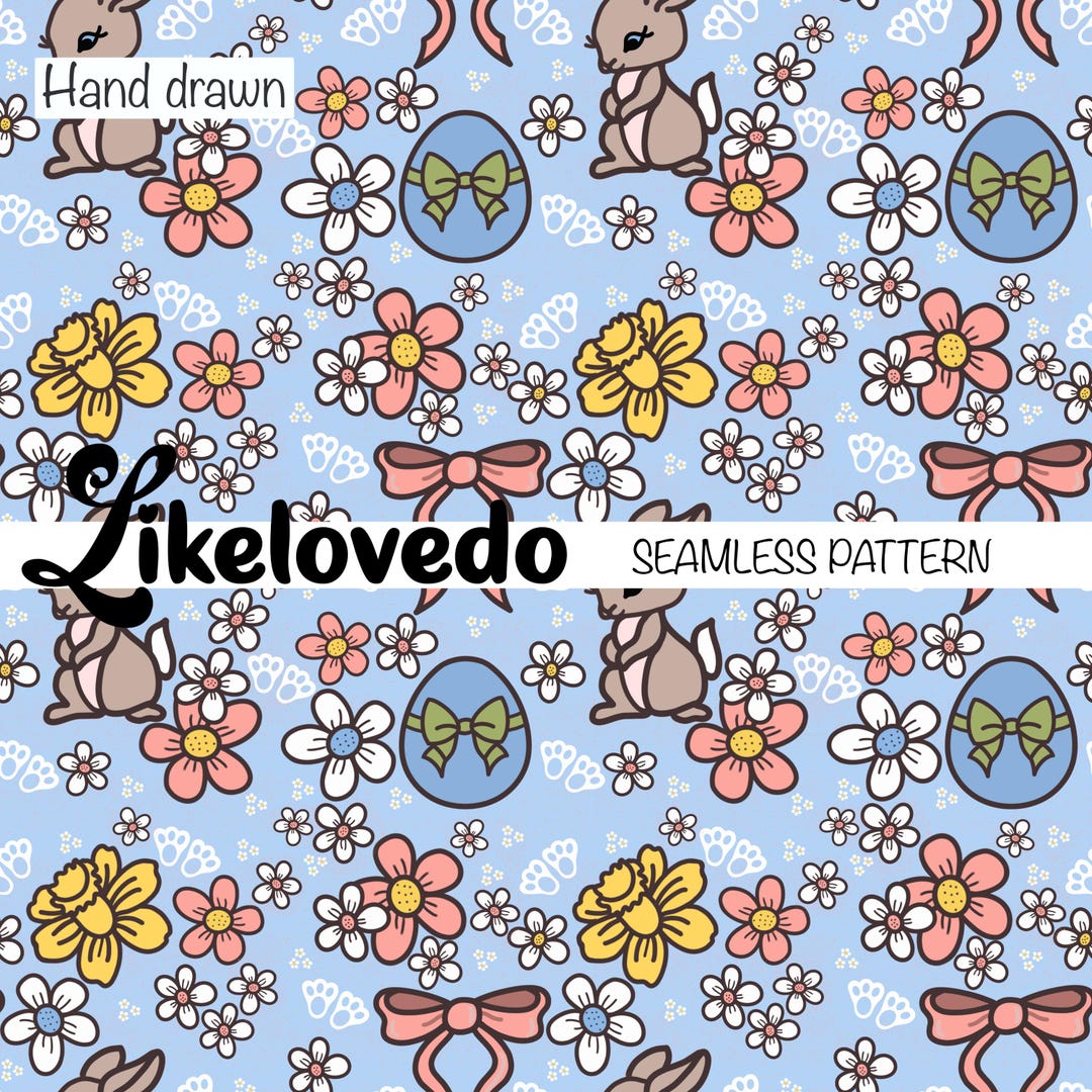 Easter Bunny Seamless Pattern Blue Background, Eggs, Daffodils, Daisies ...
