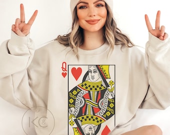 Queen of Hearts Graphic sweatshirt |  Playing Cards crewneck | Valentines Gift for her| casino poker card player sweater, Womens crewneck.