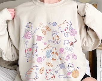 Knitting Kittens Sweatshirt, Knitting All Day Sweater, Gift For a Cat Lover, Yarn Lady Crewneck, Funny Gift for a Knitter, Mother’s Day Gift