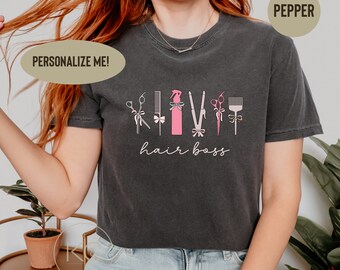 Custom Name Hair Stylist Shirt, Graduation Gift for Hair Dresser, Comfort Colors® Hairdresser Tshirt, Coquette Girly Hair Stylist Shirt.