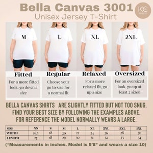 May include: Bella Canvas 3001 Unisex Jersey T-Shirt size chart with a model wearing each size. The chart shows the measurements in inches for each size from XS to 4XL. The model is wearing a size large.