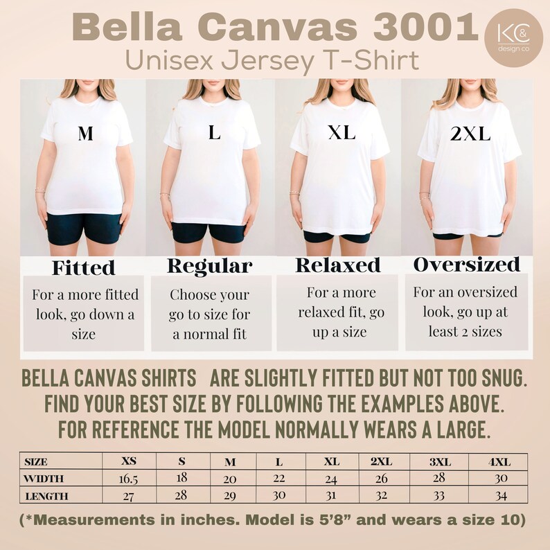 May include: Bella Canvas 3001 Unisex Jersey T-Shirt size chart with a model wearing each size. The chart shows the measurements in inches for each size from XS to 4XL. The model is wearing a size large.
