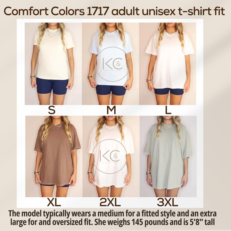May include: A display of Comfort Colors 1717 adult unisex t-shirts in various colours and sizes, from S to 3XL. The model wears a medium for a fitted style and an extra large for an oversized fit. The model is 173 cm tall and weighs 65.8 kg.