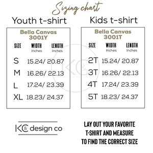 May include: Sizing chart for youth and kids t-shirts from Bella Canvas. The chart shows the width and length in inches for sizes S, M, L, XL, 2T, 3T, 4T, and 5T. Bella Canvas 3001Y and 3001T.