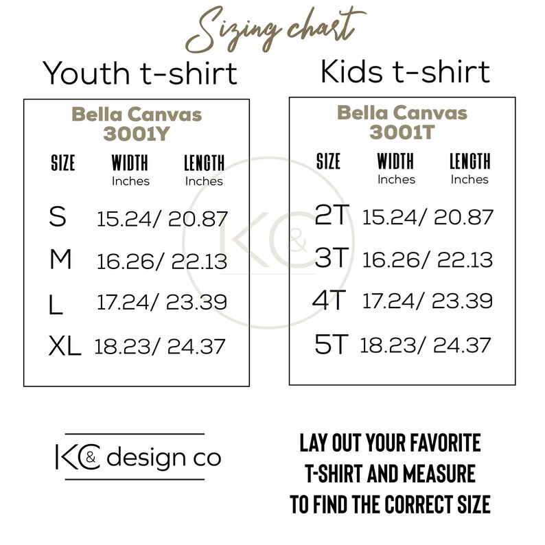 May include: Sizing chart for youth and kids t-shirts from Bella Canvas. The chart shows the width and length in inches for sizes S, M, L, XL, 2T, 3T, 4T, and 5T. Bella Canvas 3001Y and 3001T.