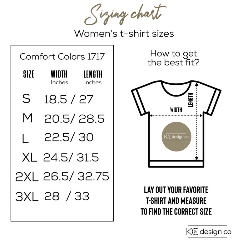 May include: A sizing chart for women's t-shirts from Comfort Colors, showing the width and length in inches for sizes S through 3XL. The chart also includes a diagram of a t-shirt with the width and length measurements labelled.