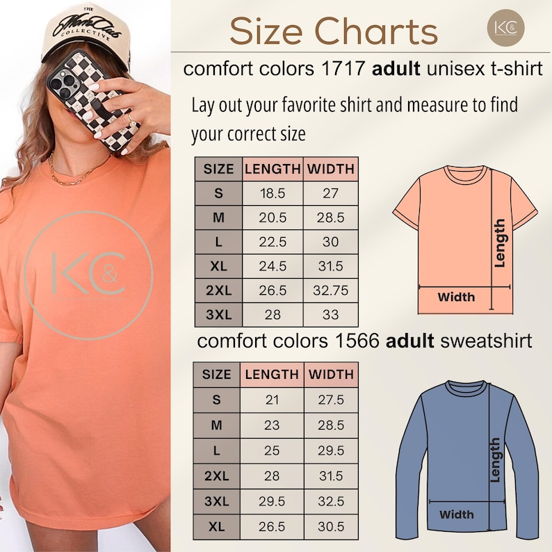 Może przedstawiać: Tabele rozmiar&oacute;w dla unisexowych t-shirt&oacute;w i bluz dresowych dla dorosłych. Tabela zawiera wymiary długości i szerokości w centymetrach dla rozmiar&oacute;w S, M, L, XL, 2XL i 3XL. Na zdjęciu widać r&oacute;wnież osobę w brzoskwiniowej koszulce.