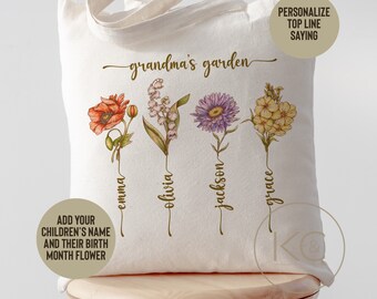 Custom Birth month Flowers Tote bag, Mother’s Day Gift to Mom Grandma, Personalized Children’s name Tote, Mama’s garden tote bag.