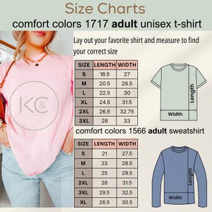 May include: Size charts for Comfort Colors adult unisex t-shirts and sweatshirts. The t-shirt size chart shows measurements for sizes S to 3XL, with lengths from 18.5 to 28 inches and widths from 27 to 33 inches.