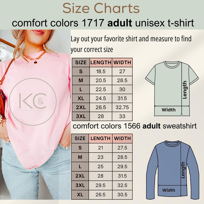 May include: Size charts for Comfort Colors adult unisex t-shirts and sweatshirts. The t-shirt size chart shows measurements for sizes S to 3XL, with lengths from 18.5 to 28 inches and widths from 27 to 33 inches.