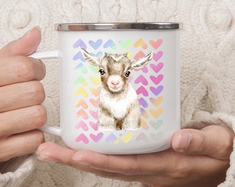 Baby goat with hearts enamel camp mug, gift for a goat lover, obsessed with goats mug, cute children’s  goat mug,  gift for a homesteader.