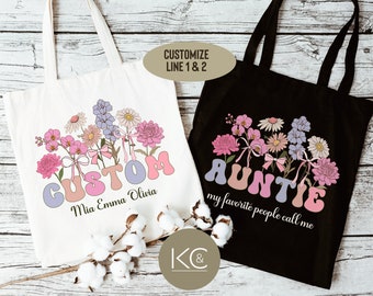Custom Name Flower Tote Bag, Personalized Birthday Gift, Mother’s Day Gift for Mom Grandma Aunt, Custom Name Tote, Personalized Mimi gift.