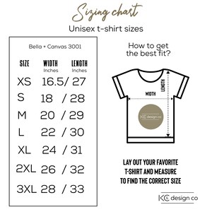 May include: Sizing chart for unisex t-shirts, showing width and length measurements in inches for sizes XS to 3XL. The chart is from Bella + Canvas 3001.