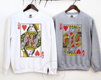 Queen and King of Hearts Graphic sweatshirts|  Playing Cards His and Her matching crewneck | Gift for a couple, poker player sweater.
