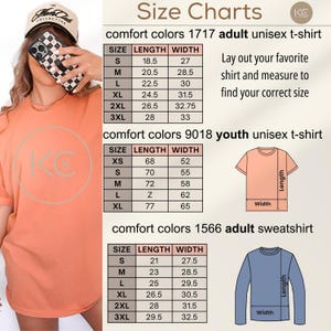 May include: A size chart for Comfort Colors t-shirts and sweatshirts. The chart includes measurements in inches for adult unisex t-shirts, youth unisex t-shirts, and adult sweatshirts. The image also includes a person wearing a peach-colored t-shirt.