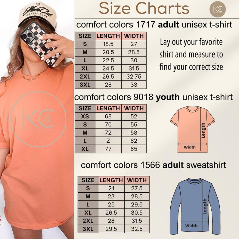 May include: A size chart for Comfort Colors t-shirts and sweatshirts. The chart includes measurements in inches for adult unisex t-shirts, youth unisex t-shirts, and adult sweatshirts. The image also includes a person wearing a peach-colored t-shirt.
