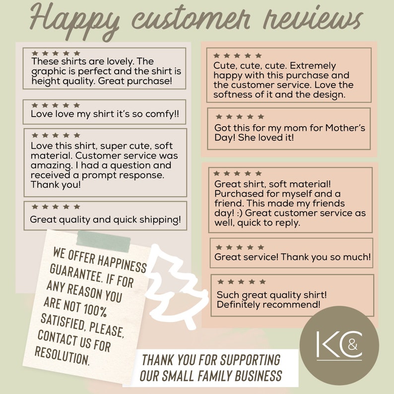Może przedstawiać: Beżowa grafika z recenzjami klient&oacute;w, zawierająca tekst, taki jak &bdquo;Happy customer reviews&rdquo; i &bdquo;Great quality and quick shipping!&rdquo;. Obraz zawiera r&oacute;wnież gwarancję i podziękowanie za wspieranie małej firmy rodzinnej.