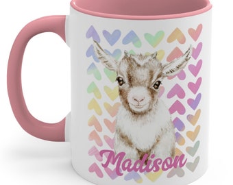 Cute baby goat with hearts Mug, baby goat coffee mug, gift for a goat lover, personalized goat mug, obsessed with goats gift mug.